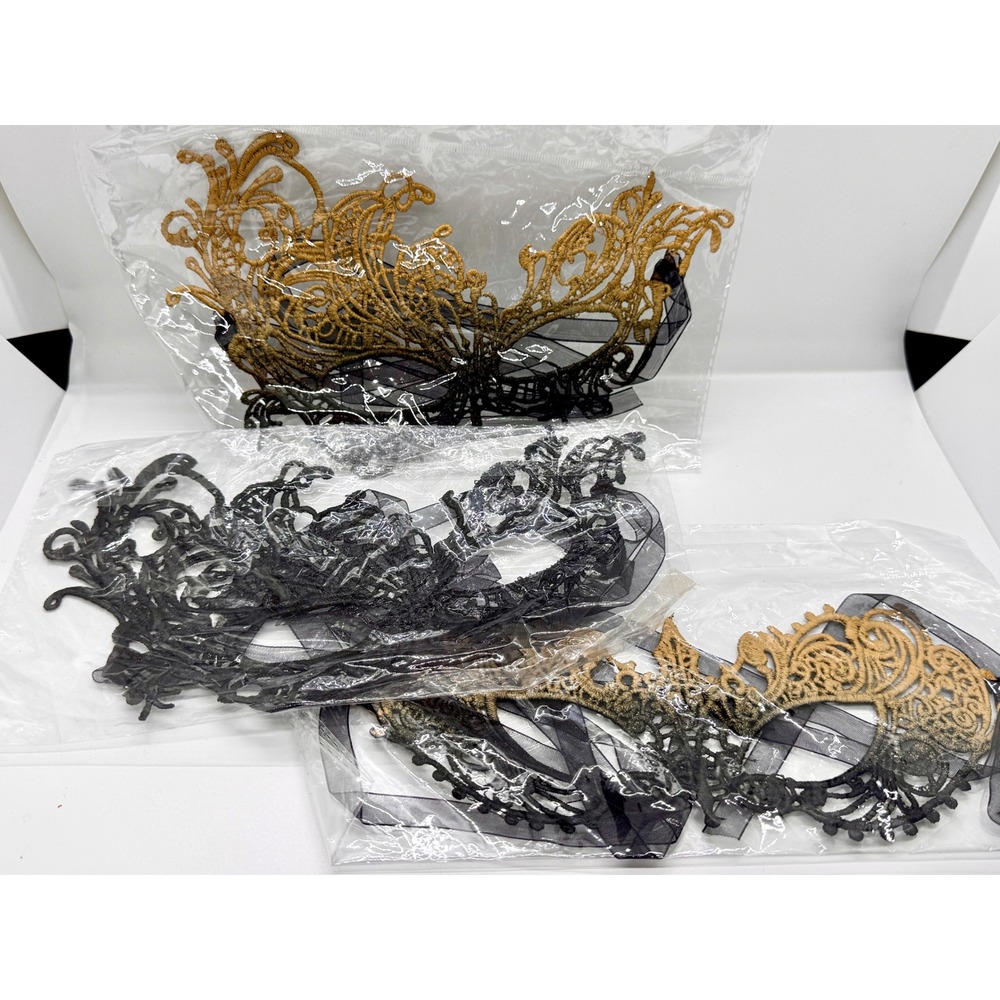 Venetian Masquerade Lace‎ Mask Set Black Gold Filigree Halloween Costume 3 Pack